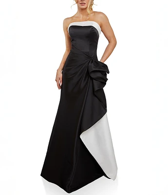 Terani Couture Two Tone Mikado Strapless Sleeveless Side Ruffle Gown