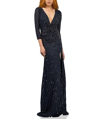 Terani Couture V Neck 3/4 Sleeve Sequin Chiffon Column Gown