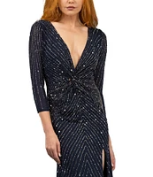 Terani Couture V Neck 3/4 Sleeve Sequin Chiffon Column Gown