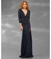 Terani Couture V Neck 3/4 Sleeve Sequin Chiffon Column Gown