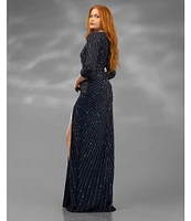 Terani Couture V Neck 3/4 Sleeve Sequin Chiffon Column Gown