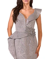 Terani Couture V-Neck Asymmetrical Sleeve Beaded Waist Side Peplum Gown