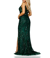 Terani Couture V-neck Beaded Mesh Column Gown