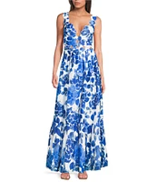 Terani Couture V-Neck Cutout Pleated Floral Print Maxi Dress