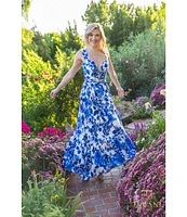 Terani Couture V-Neck Cutout Pleated Floral Print Maxi Dress