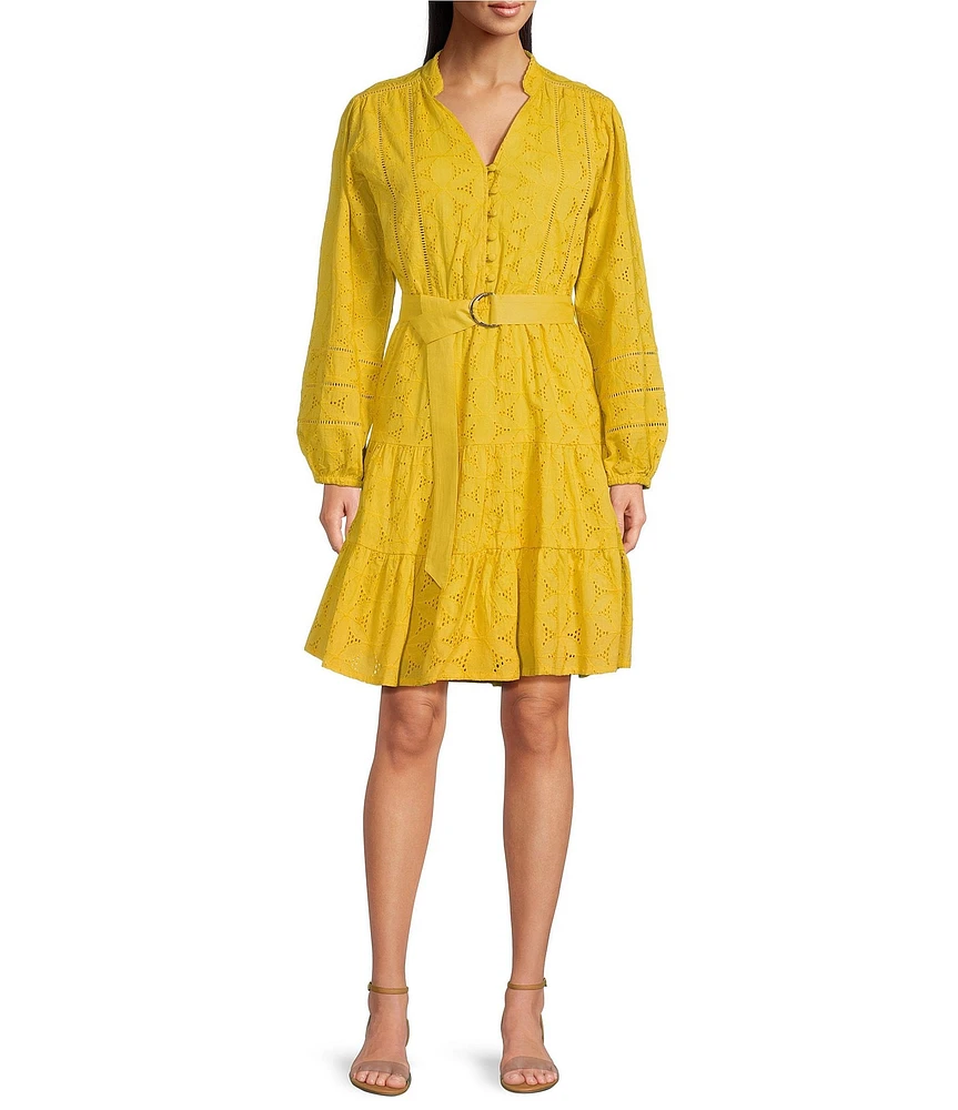 Terani Couture V-Neck Long Sleeve Button Front Eyelet Shift Dress