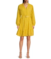 Terani Couture V-Neck Long Sleeve Button Front Eyelet Shift Dress