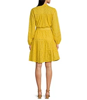 Terani Couture V-Neck Long Sleeve Button Front Eyelet Shift Dress