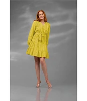 Terani Couture V-Neck Long Sleeve Button Front Eyelet Shift Dress