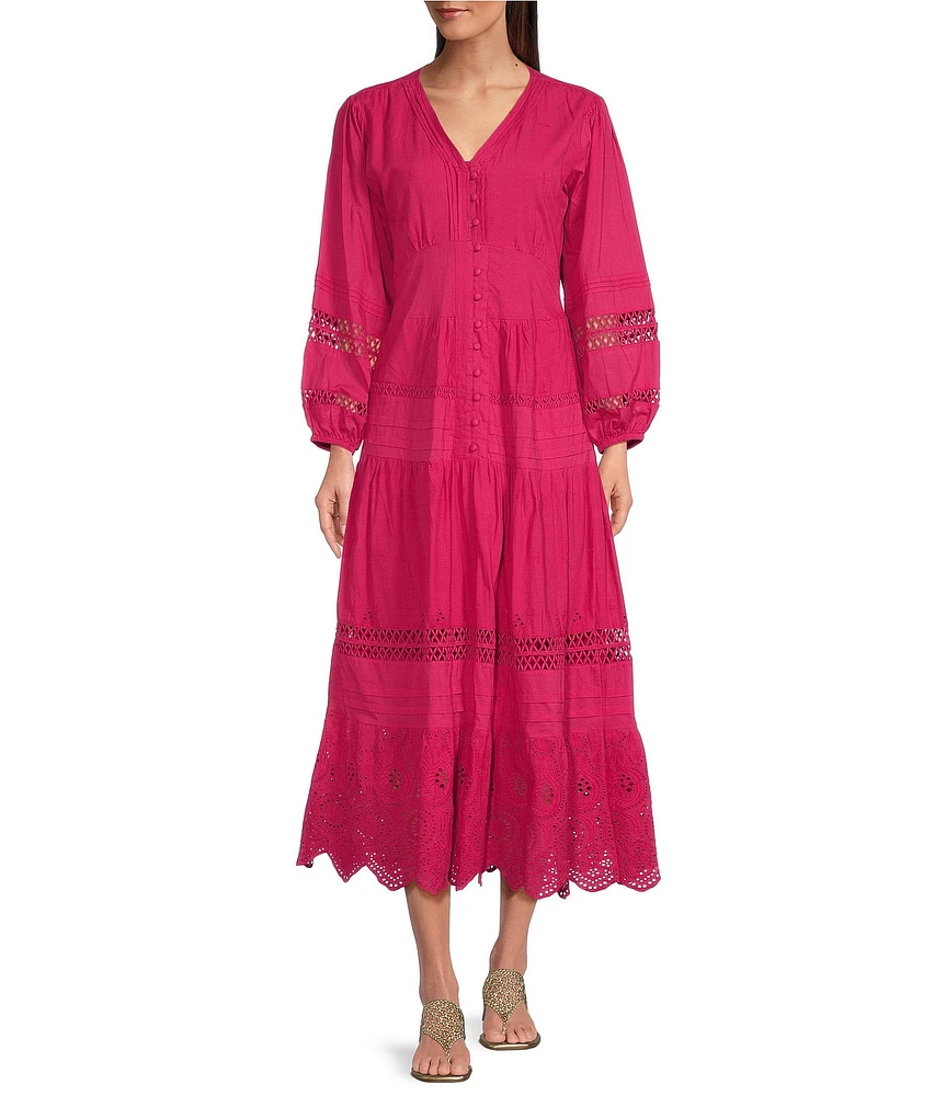 Terani Couture V-Neck Long Sleeve Button Front Eyelet Trim Midi Dress