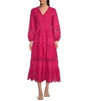 Terani Couture V-Neck Long Sleeve Button Front Eyelet Trim Midi Dress