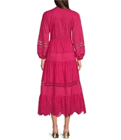 Terani Couture V-Neck Long Sleeve Button Front Eyelet Trim Midi Dress