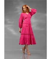 Terani Couture V-Neck Long Sleeve Button Front Eyelet Trim Midi Dress