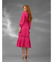 Terani Couture V-Neck Long Sleeve Button Front Eyelet Trim Midi Dress