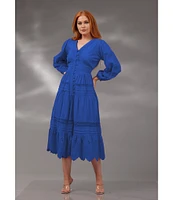 Terani Couture V-Neck Long Sleeve Button Front Eyelet Trim Midi Dress