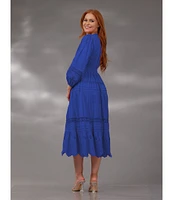 Terani Couture V-Neck Long Sleeve Button Front Eyelet Trim Midi Dress