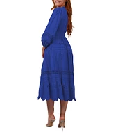 Terani Couture V-Neck Long Sleeve Button Front Eyelet Trim Midi Dress