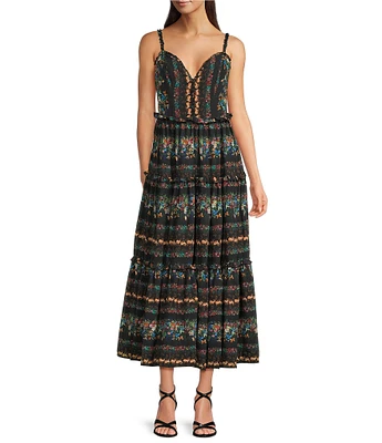 Terani Couture V-Neck Sleeveless Floral Printed Chiffon Maxi Dress