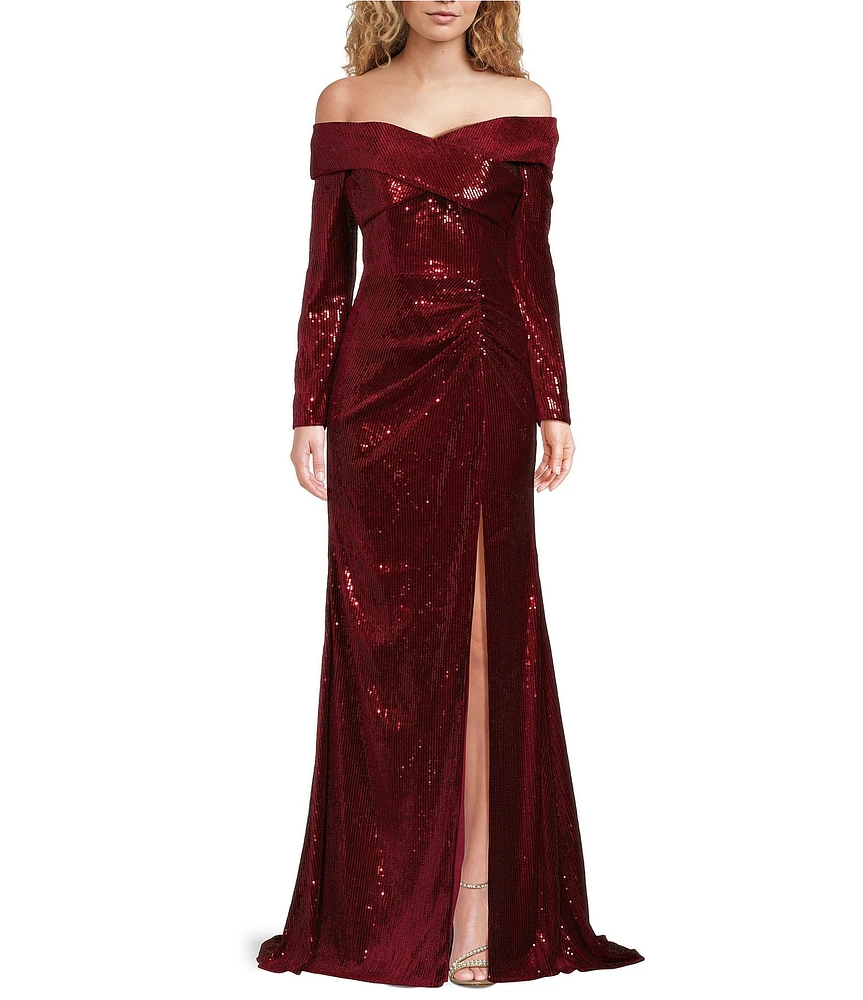 Terani Couture Velvet Sequin Off-The-Shoulder Long Sleeve High Slit Sheath Gown