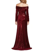 Terani Couture Velvet Sequin Off-The-Shoulder Long Sleeve High Slit Sheath Gown