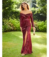 Terani Couture Velvet Sequin Off-The-Shoulder Long Sleeve High Slit Sheath Gown