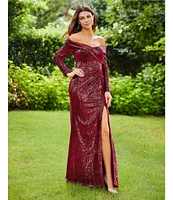 Terani Couture Velvet Sequin Off-The-Shoulder Long Sleeve High Slit Sheath Gown