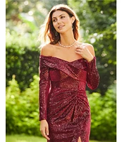 Terani Couture Velvet Sequin Off-The-Shoulder Long Sleeve High Slit Sheath Gown