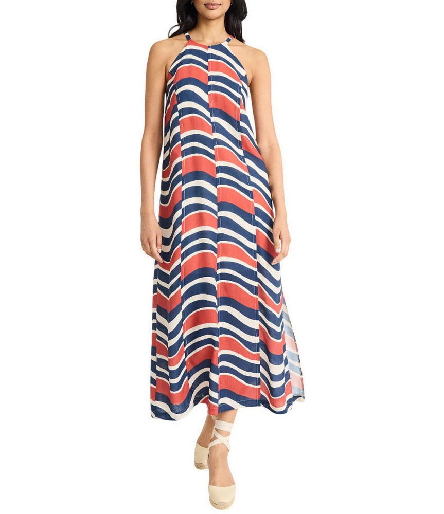 The Good Journey Bold Stripe Balboa Linen Halter Neck Caftan Maxi Dress