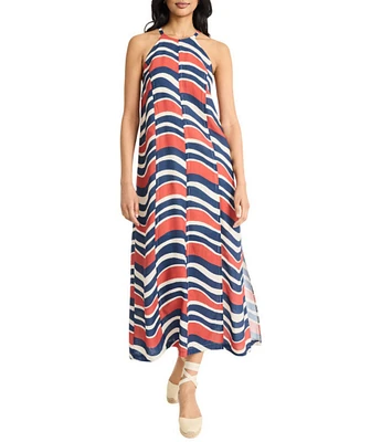 The Good Journey Bold Stripe Balboa Linen Halter Neck Caftan Maxi Dress