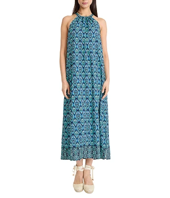 The Good Journey Halter Tie Neck Printed Crepe De Chine Maxi Dress