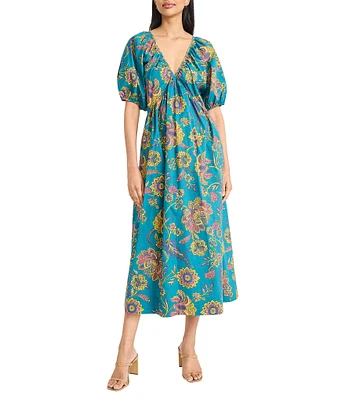 The Good Journey Double V Back Puff Sleeve Floral Print Cotton Poplin A-Line Midi Dress