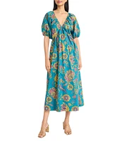 The Good Journey Double V Back Puff Sleeve Floral Print Cotton Poplin A-Line Midi Dress