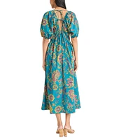 The Good Journey Double V Back Puff Sleeve Floral Print Cotton Poplin A-Line Midi Dress