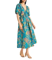 The Good Journey Double V Back Puff Sleeve Floral Print Cotton Poplin A-Line Midi Dress