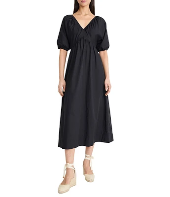 The Good Journey Double V Neck Puff Sleeve Tie Back Aline Cotton Poplin Midi Dress