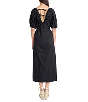 The Good Journey Double V Neck Puff Sleeve Tie Back Aline Cotton Poplin Midi Dress
