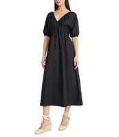 The Good Journey Double V Neck Puff Sleeve Tie Back Aline Cotton Poplin Midi Dress