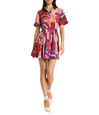 The Good Journey Point Collar Short Sleeve Abstract Tropical Print Challis Shirt Dress