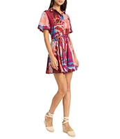 The Good Journey Point Collar Short Sleeve Abstract Tropical Print Challis Shirt Dress