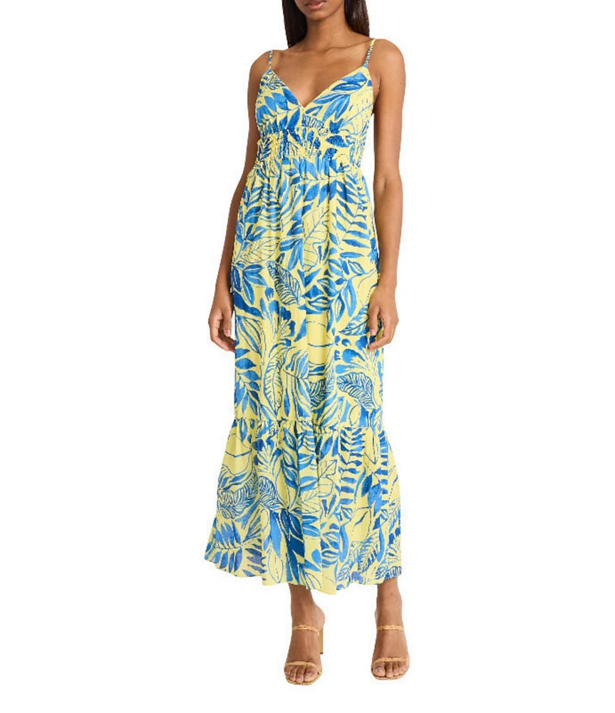 The Good Journey Printed Cotton Voile V-Neck Spaghetti Straps A-Line Midi Dress