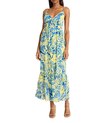 The Good Journey Printed Cotton Voile V-Neck Spaghetti Straps A-Line Midi Dress