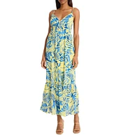 The Good Journey Printed Cotton Voile V-Neck Spaghetti Straps A-Line Midi Dress