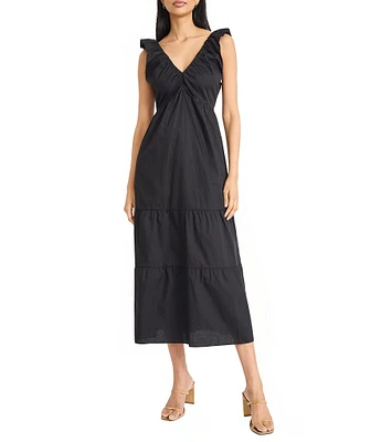 The Good Journey Ruffle V-Neck Smocked Back Tiered Cotton Poplin Midi Dress