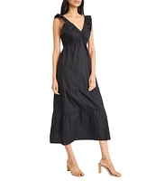 The Good Journey Ruffle V-Neck Smocked Back Tiered Cotton Poplin Midi Dress