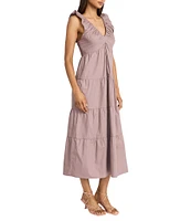 The Good Journey Ruffle V-Neck Smocked Back Tiered Cotton Poplin Midi Dress