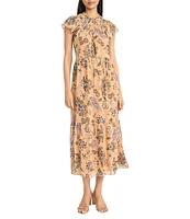 The Good Journey Smocked Mock Neck Ruffle Shoulder Floral Yoryu Aline Midi Dress