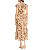 The Good Journey Smocked Mock Neck Ruffle Shoulder Floral Yoryu Aline Midi Dress