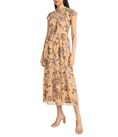 The Good Journey Smocked Mock Neck Ruffle Shoulder Floral Yoryu Aline Midi Dress