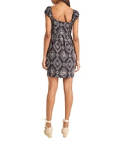 The Good Journey Square Neck Smocked Embroidered Mini Sheath Dress