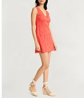 The Good Journey Texture Woven V-Neck Crochet Trim Sheath Mini Dress